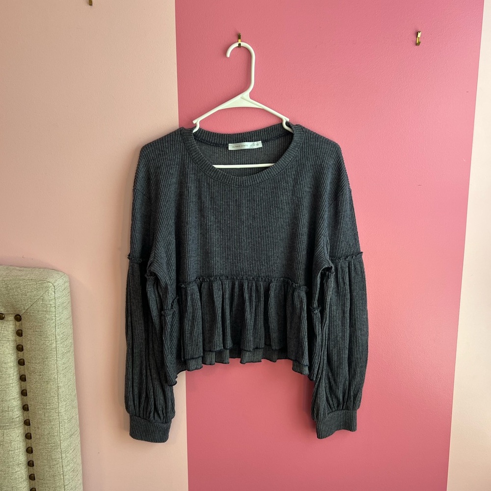 Altar'd State Charcoal Ruffle Hem Sweatshirt
